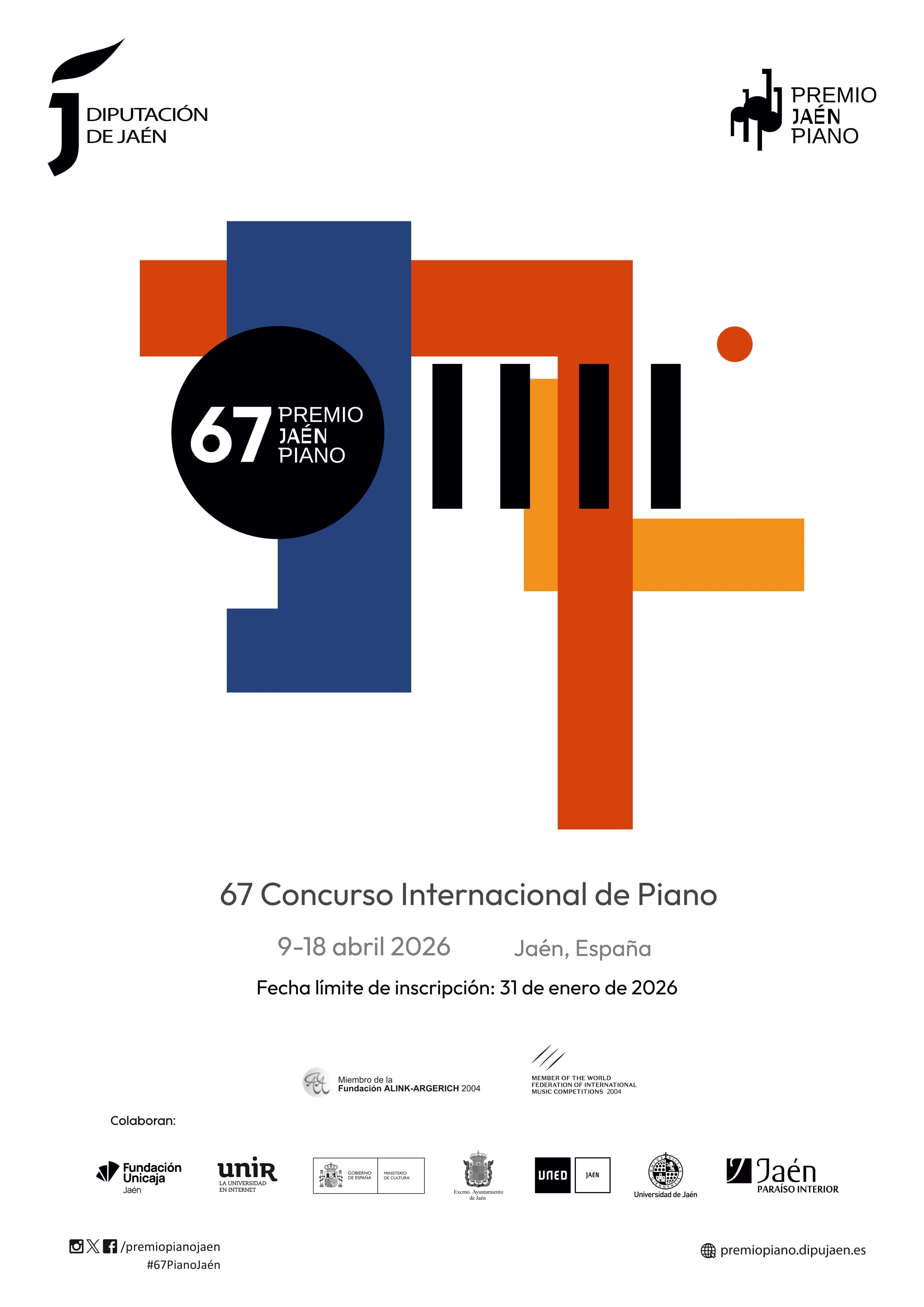 Cartel de la 67 edición del Concurso Internacional de Piano “Premio Jaén” 2026 | Pulsa para ampliar la imagen